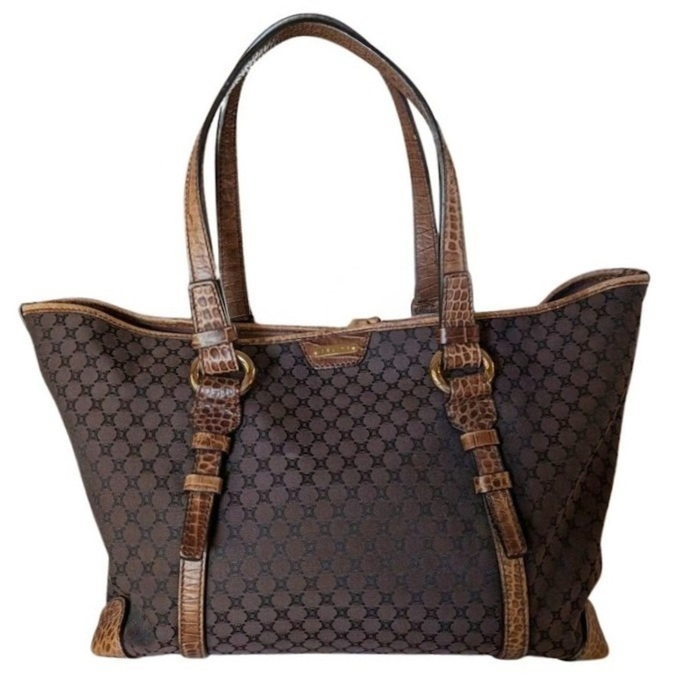 Celine Macadam Monogram Canvas Brown Crocodile Embossed Leather Trim Tote Bag‎